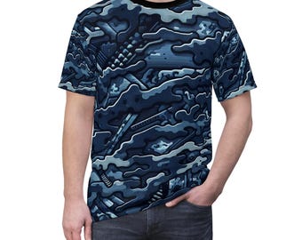 ネイビーカモフラージュTシャツ、ユニセックスTシャツ、迷彩シャツ