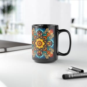 Native Mug - Tribal Inspired Black Coffee Cup, Southwest Pottery Design, Indigenous Pattern Tea Mug, Ethnic Ceramic Drinkware, Boho Kitchen
