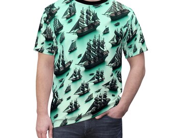 Nautical Adventure Unisex Tee, Trendy Ship Pattern Shirt, Perfect for Summer, Beach Days, Gifts for Sailors, Casual Everyday Wear, Summer