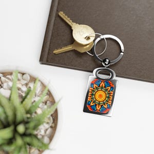 Rectangle Photo Keyring, Native Sun Keychain, Geometric Key Holder, Southwest Sun Bag Accessory, Tribal Key Ring Gift, Aztec Key Fob, Sun