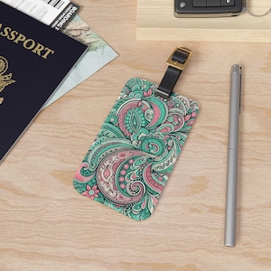 Paisley Luggage Tag, Mint Green Baggage Tag, Travel Accessory, Suitcase Identifier, Gift for Traveler, Floral Pattern Tag