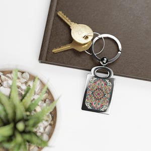 Sleutelhanger in Zuidwestelijke stijl, sleutelhanger met Native American-motief, geometrische Azteekse sleutelhouder, tribale boho tashanger, cadeau voor reislustigen, rechthoekige foto