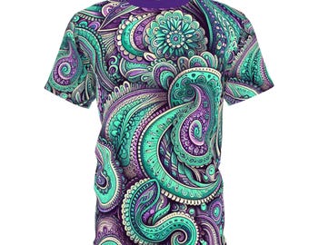 Paisley Tee, Mint Green Purple Shirt, Unisex T-Shirt, Patterned Tee, Boho Top, Festival Clothing, Summer Shirt, Vacation Clothes, Green Tee