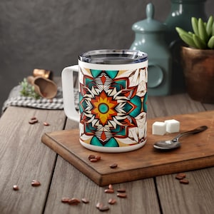 Native Insulated Coffee Mug, 10oz - Earthy Cup for Tea & Hot Drinks, Southwest Design Kitchenware, Ethnic Theme Drinkware Gift,