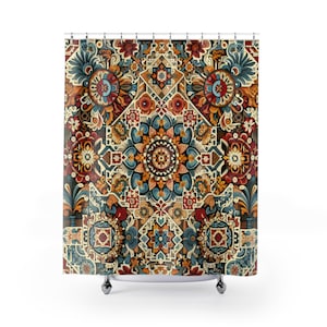 May include: A colorful shower curtain with an intricate floral and geometric pattern. The design features a mix of red, blue, orange, and cream colors, creating a vibrant and detailed aesthetic. The curtain is made of a durable material and hangs from metal rings.