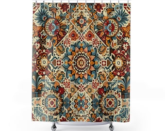 May include: A colorful shower curtain with an intricate floral and geometric pattern. The design features a mix of red, blue, orange, and cream colors, creating a vibrant and detailed aesthetic. The curtain is made of a durable material and hangs from metal rings.