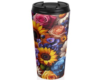 Tazza da viaggio in acciaio inossidabile con vivace bouquet floreale / Motivo girasoli e rose