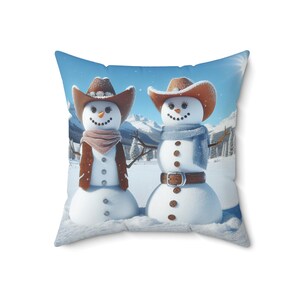 Almohada cuadrada, muñeco de nieve y mujer de nieve occidentales, decoración navideña rústica, cojín decorativo para fiestas, acento de cabaña campestre, invierno de granja
