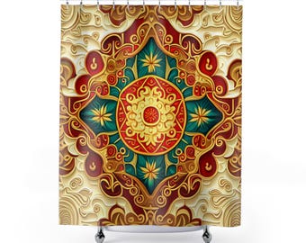 May include: A decorative shower curtain featuring a detailed, symmetrical design. The pattern includes a central gold medallion with red and teal accents, surrounded by ornate gold filigree on a cream background. The curtain hangs from silver hooks.