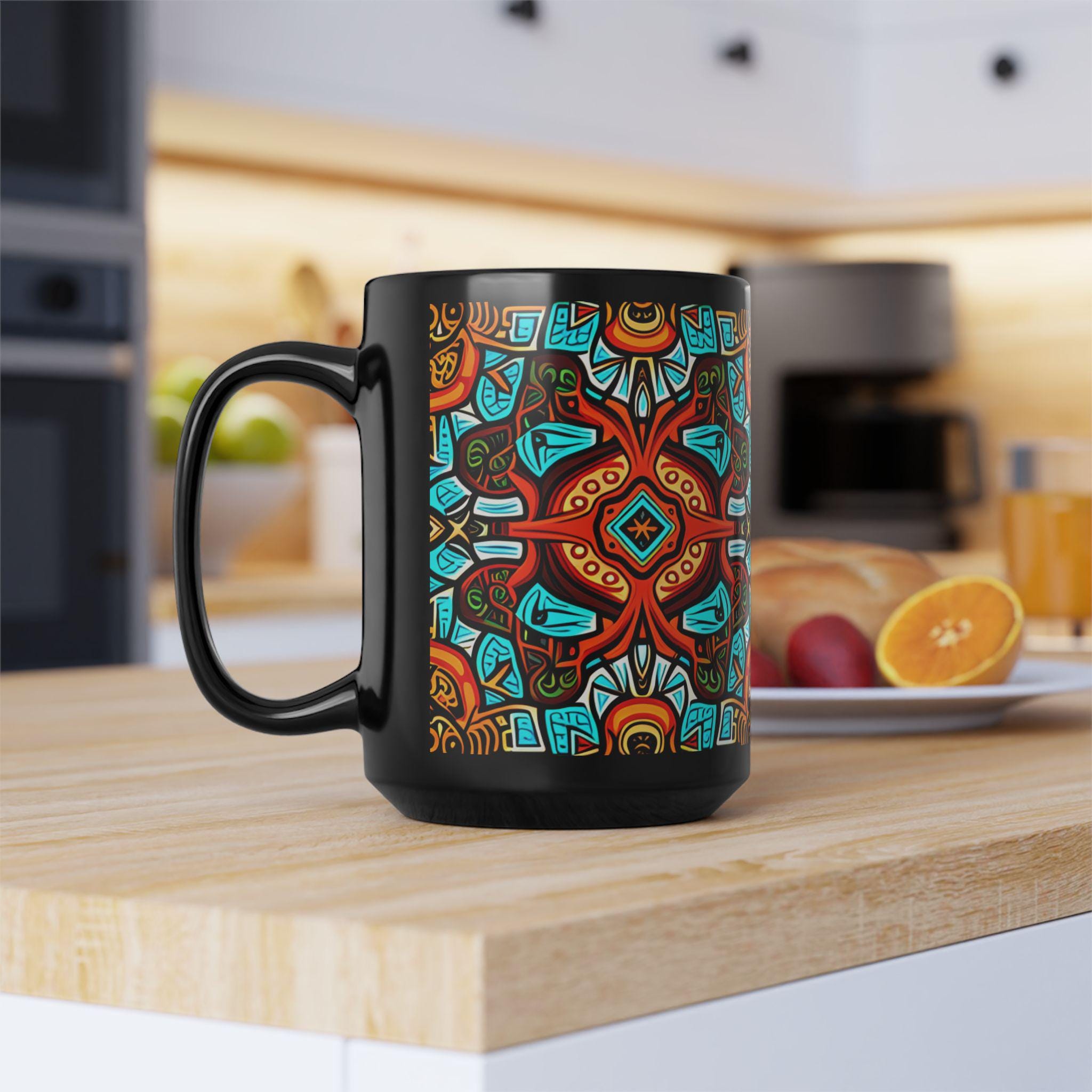 Tazza In Ceramica 325 Ml – Motivo Tribale Inca/Azteco, Toni Terra E Giallo, Regalo Originale