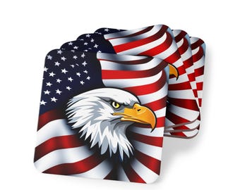 American Flag Eagle Coasters, Patriotic Drink Coasters, USA Pride Decor, Set of 4