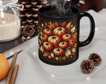 Tazza nera con zucca autunnale - Accogliente tazza da caffè autunnale, regalo per gli amanti delle spezie di zucca, tazza del Ringraziamento, decorazioni autunnali, stoviglie per la stagione del raccolto