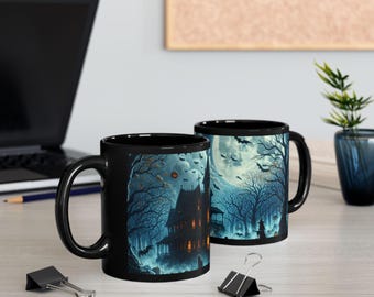 Halloween Haunted House Mug | Black Ceramic Coffee Cup