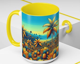 Taza de café "Paraíso Tropical" - Diseño vibrante de palmera y piña, regalo perfecto para amantes de la playa, ambiente veraniego, inauguración de la casa y relajación.