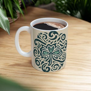 St Patty&#39;s Tribal Ceramic Mug, Shamrock Coffee Cup, Irish Tea Mug, Green St Patrick&#39;s Day Drinkware, Celtic Print Mug, Unique Gift for Irish