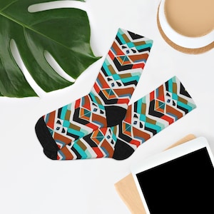 Geometric Socks, Patterned Printed Footwear, Fun Colorful Socks, Stylish Eco-Friendly Sockwear, Trendy Repurposed Socks, Sustainable Fashion