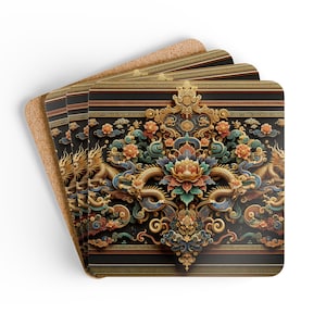 Coaster Set, Oriental Coasters, Wooden Drink Coasters, Asian Home Decor, Table Coasters, Tea Coaster, Hostess Gift, Chinoiserie Coasters
