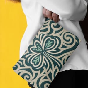 St Patrick's Tribal Accessory Pouch, Green Shamrock Makeup Bag, Clover Coin Purse, Irish Festival Gift, Lucky Travel Organizer