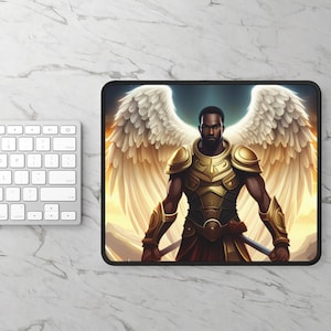 Black Warrior Angel Gaming Mouse Pad - Heavenly Guardian Desk Mat, Dark Fantasy Mousepad, Gaming Accessories, Gift for Gamers