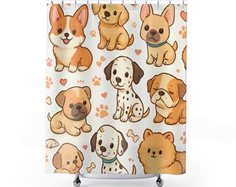 Tenda da doccia con simpatici cani dei cartoni animati / Motivo con cuccioli, impronte di zampe, bagno neutro