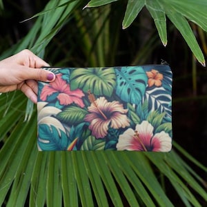 Tropical Accessory Pouch, Floral Makeup Bag, Exotic Travel Organizer, Hawaiian Coin Purse, Beach Theme Gift Case