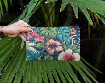 Tropisches Accessoire-Beutel, Make-up-Tasche mit Blumenmuster, exotischer Reiseveranstalter, hawaiianische Geldbörse, Strandthema-Geschenketui