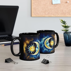 Sun and Moon Mug, Celestial Coffee Cup, Lunar Eclipse Tea Mug, Night Sky Ceramic Cup, Boho Drinkware, Astronomy Gift, Gift Under 30