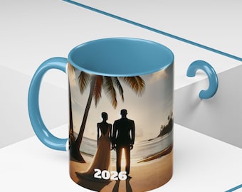 Personalized Wedding Date Mug, Beach Honeymoon Coffee Cup, Custom Anniversary Gift