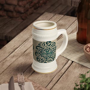 St Patrick&#39;s Tribal Beer Stein Mug, Irish Drinking Mug, St Paddy&#39;s Day Beer Tankard, Clover Beer Stein, Festive Beer Mug, Unique Irish Gift