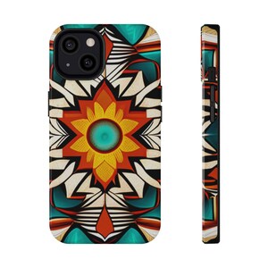 May include: A phone case with a colorful geometric design featuring a large, stylized flower with a turquoise center. The design is reminiscent of Native American art.