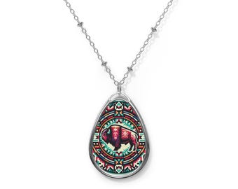 Native Buffalo Necklace, Bohemian Oval Necklace, Ethnic Jewelry, Gift for Her, Layering Piece, Nature-Inspired Accessory