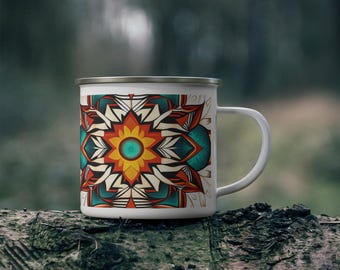 Taza de camping de esmalte nativo, regalo de aventura al aire libre, taza de esmalte de aventura, taza de fogata, taza de camping en la naturaleza