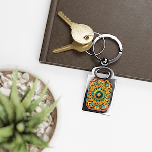 Keychain, Oriental Rectangle Photo Keyring, Japanese Inspired Bag Charm, Personalized Gift, Customizable Key Holder, Geometric Key Fob,