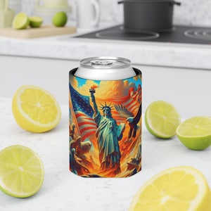 Patriotic Can Cooler, Fourth of July Drink Sleeve, BBQ Beverage Holder, Freedom Party Favor, USA Flag Summer Accessory, Beer Koozie