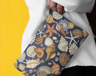 Pochette pour accessoires coquillages - Trousse de maquillage Beach Vibes, Organiseur de voyage pour les amoureux de l'océan, Pochette à glissière sur le thème de la côte, Étui de rangement pour coquillages nautiques