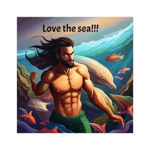 Merman Sea Square Stickers, Indoor/Outdoor Ocean Decor Decals, Underwater Theme Scrapbook Labels, Fantasy Sea Creature Waterproof Sticker