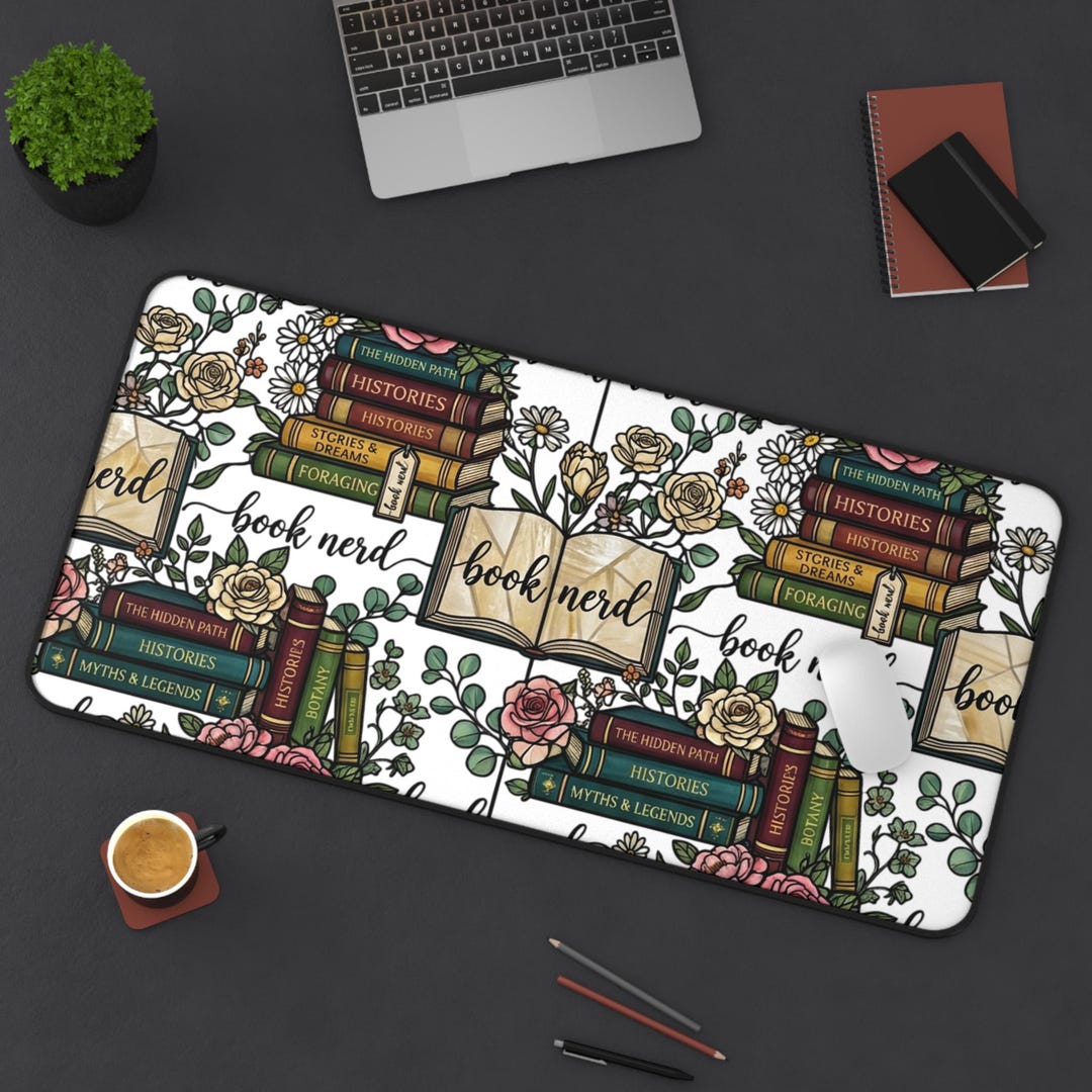 Book Nerd Stack of Vintage Books Desk Mat | Floral Reading Illustration ...