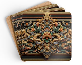 Coaster Set, Oriental Coasters, Wooden Drink Coasters, Asian Home Decor, Table Coasters, Tea Coaster, Hostess Gift
