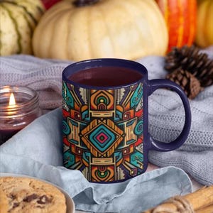Tribal Mug, Southwest Ceramic Cup, Aztec Pattern Tea Coffee Mugs, Boho Chic Kitchen Decor, Ethnic Design Drinkware, Native American Pottery