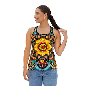 Indian Mandala Tank Top, Women&#39;s Racerback Tank, Boho Sleeveless Shirt, Ethnic Festival Clothing, Yoga Tank, Summer Fashion, Indigenous