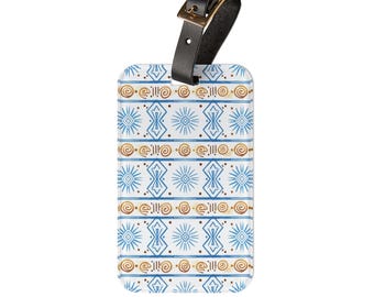 Blue Gold Tribal Pattern Luggage Tag | Geometric Sun Stripe Travel Tag