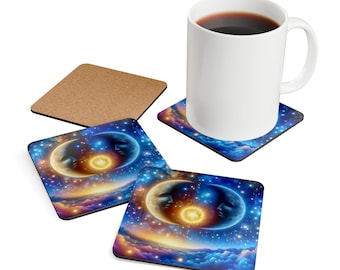 Korkträunderläggset, Natthimmelunderlägg - Handgjorda träunderlägg, Himmelska drinkunderlägg, Astronomipresenter, Stjärnklar natt heminredning