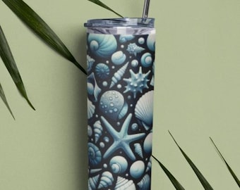Beker met schelpen, beker strandliefhebber, drinkgerei oceaanthema, beker zeemeermin, beker kustdrank, mok zomerdrankje, schelppatroon