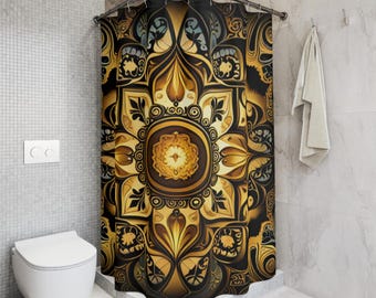 Gold Black Mandala Shower Curtain | Ornate Floral Bathroom Decor