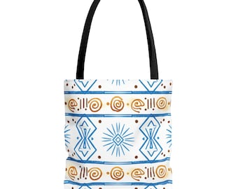 Blue & Gold Geometric Tribal Pattern Tote Bag | Aztec Boho Stripe Tote