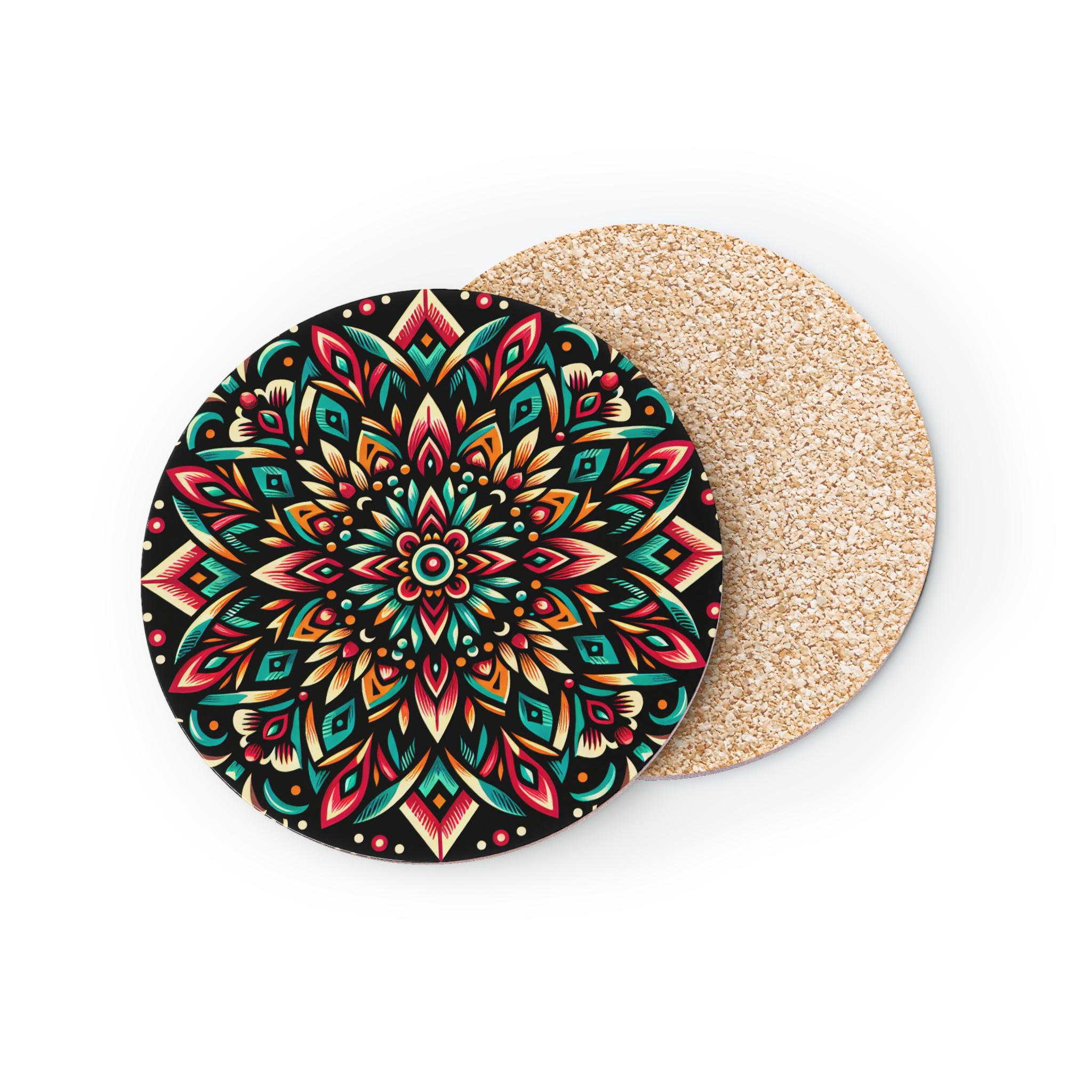 Spanish Mandala Coasters - Set of 4 cork dining table decor drink coasters, ethnic bohemian home accessories