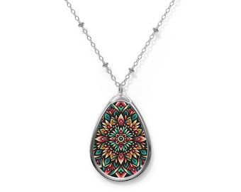 Oval Necklace, Native Floral Pendant, Boho Jewelry, Tribal Necklace, Ethnic Charm Necklace, Flower Necklace