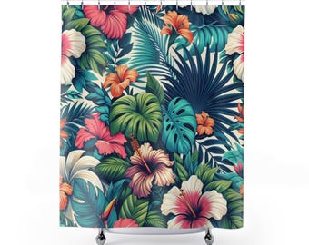 Douchegordijn met tropische hibiscusbloemen | Badkamerdecoratie palmbladeren