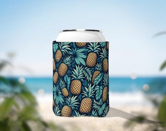 Tropical Pineapple Can Cooler Sleeve - Summer Beverage Holder, Insulated Drink Sleeve, Neoprene Can Holder, Tropical Party Favor, Beach
