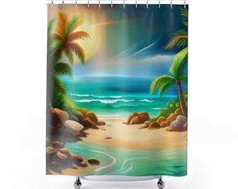 Cortina de ducha con puesta de sol en la playa tropical / Palmeras y olas del océano
